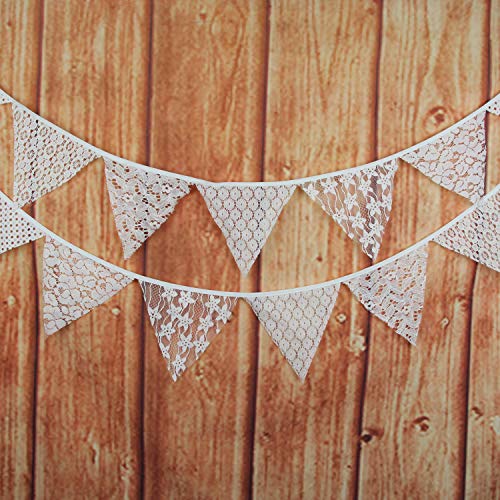 INFEI 3.2M/10.5Ft Mixed White Floral Lace Fabric Flags Bunting Banner Garlands for Wedding, Birthday Party, Outdoor & Home Decoration (Off-White)