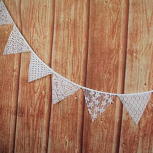 INFEI 3.2M/10.5Ft Mixed White Floral Lace Fabric Flags Bunting Banner Garlands for Wedding, Birthday Party, Outdoor & Home Decoration (Off-White)