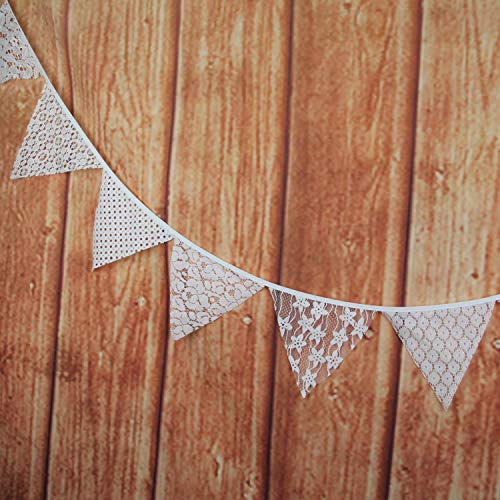 INFEI 3.2M/10.5Ft Mixed White Floral Lace Fabric Flags Bunting Banner Garlands for Wedding, Birthday Party, Outdoor & Home Decoration (Off-White)