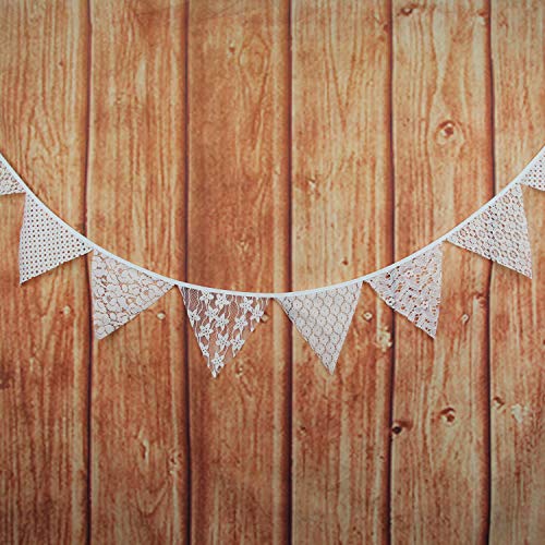 INFEI 3.2M/10.5Ft Mixed White Floral Lace Fabric Flags Bunting Banner Garlands for Wedding, Birthday Party, Outdoor & Home Decoration (Off-White)