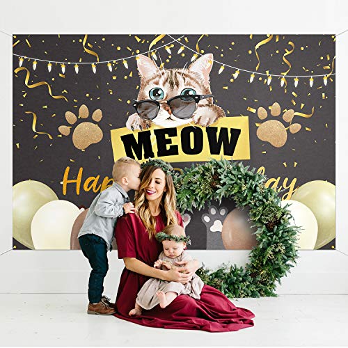 PAKBOOM Meow Birthday Backdrop Banner Background - Cat Theme Birthday Decorations Party Supplies - 3.9 x 5.9ft