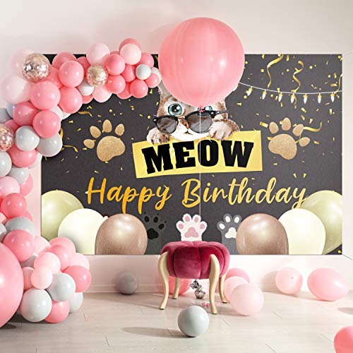 PAKBOOM Meow Birthday Backdrop Banner Background - Cat Theme Birthday Decorations Party Supplies - 3.9 x 5.9ft