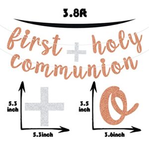 First Holy Communion Banner - Boy/girl Baptism Bunting Sign, Religious Banner for Baby Shower Banner Party Decorations Supplies(Rose Gold and Sliver)