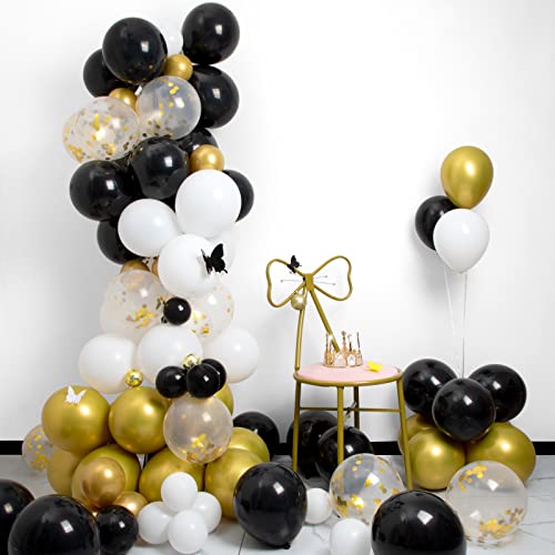 MOMOHOO Black and Gold Balloons Garland - 100Pcs 12/10/5" Gold Black White Balloons Confetti Balloons, New Year Balloons Graduation Balloons Latex Balloon for Graduation, Metallic Gold Birthday Ballon