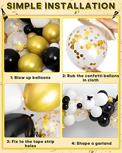 MOMOHOO Black and Gold Balloons Garland - 100Pcs 12/10/5" Gold Black White Balloons Confetti Balloons, New Year Balloons Graduation Balloons Latex Balloon for Graduation, Metallic Gold Birthday Ballon