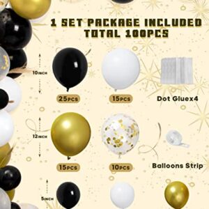 MOMOHOO Black and Gold Balloons Garland - 100Pcs 12/10/5" Gold Black White Balloons Confetti Balloons, New Year Balloons Graduation Balloons Latex Balloon for Graduation, Metallic Gold Birthday Ballon