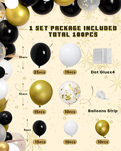 MOMOHOO Black and Gold Balloons Garland - 100Pcs 12/10/5" Gold Black White Balloons Confetti Balloons, New Year Balloons Graduation Balloons Latex Balloon for Graduation, Metallic Gold Birthday Ballon