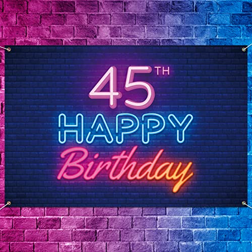 Glow Neon Happy 45th Birthday Backdrop Banner Decor Black – Colorful Glowing 45 Years Old Birthday Party Theme Decorations for Men Women Supplies