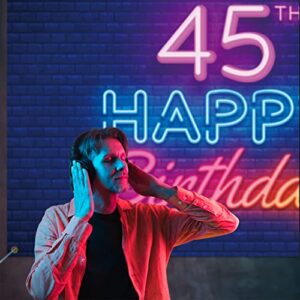 Glow Neon Happy 45th Birthday Backdrop Banner Decor Black – Colorful Glowing 45 Years Old Birthday Party Theme Decorations for Men Women Supplies