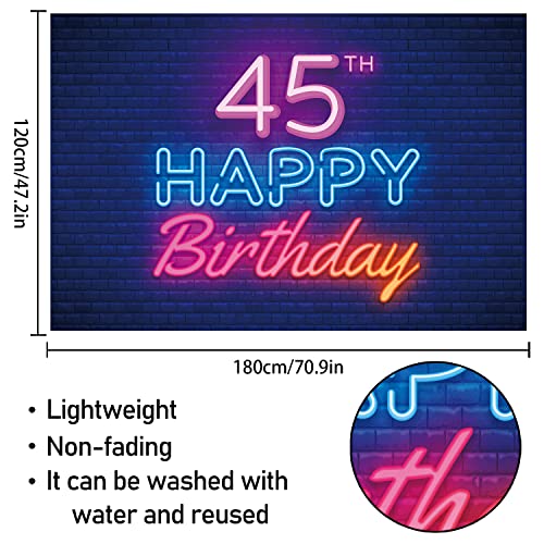 Glow Neon Happy 45th Birthday Backdrop Banner Decor Black – Colorful Glowing 45 Years Old Birthday Party Theme Decorations for Men Women Supplies