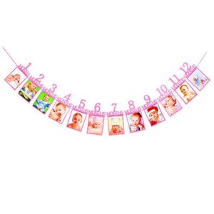 1st birthday party banner, baby’s first birthday party sign decors, recording baby from 1-12 month growth photo booth supplies – pink color