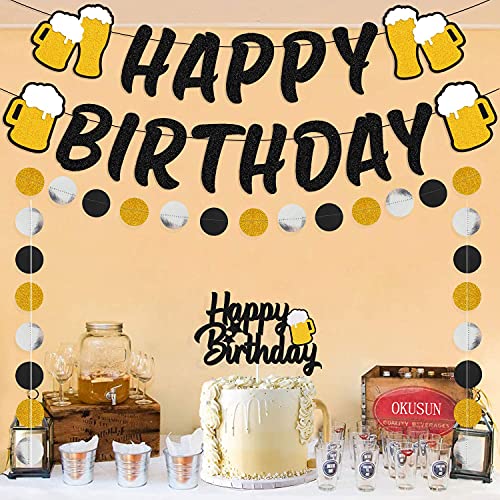 Happy Birthday Banner Cheers for 20 21 24 25 28 30 40 50 60 70 80 Years with Cake Topper Circle Dots Garland for Men Women Him Her Bday Party Supplies Glitter Black Decorations Pre-Strung