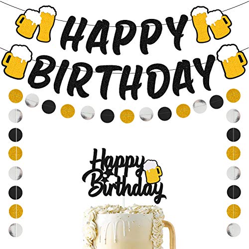 Happy Birthday Banner Cheers for 20 21 24 25 28 30 40 50 60 70 80 Years with Cake Topper Circle Dots Garland for Men Women Him Her Bday Party Supplies Glitter Black Decorations Pre-Strung