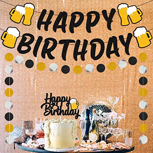 Happy Birthday Banner Cheers for 20 21 24 25 28 30 40 50 60 70 80 Years with Cake Topper Circle Dots Garland for Men Women Him Her Bday Party Supplies Glitter Black Decorations Pre-Strung