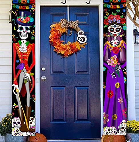 Day of The Dead Decorations Dia De Los Muertos Decor Mexican Fiesta Sugar Skull Flowers Deocrations Hanging Wall Door Banner for Indoor Outdoor