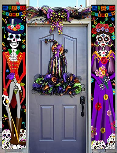 Day of The Dead Decorations Dia De Los Muertos Decor Mexican Fiesta Sugar Skull Flowers Deocrations Hanging Wall Door Banner for Indoor Outdoor