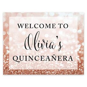 Andaz Press Personalized Glitzy Faux Rose Gold Glitter 8.5-inch Party Sign, Welcome to Olivia's Quinceañera, 1-Pack, Custom Name, 15th Birthday Mis Quince Quinceanera