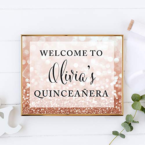 Andaz Press Personalized Glitzy Faux Rose Gold Glitter 8.5-inch Party Sign, Welcome to Olivia's Quinceañera, 1-Pack, Custom Name, 15th Birthday Mis Quince Quinceanera