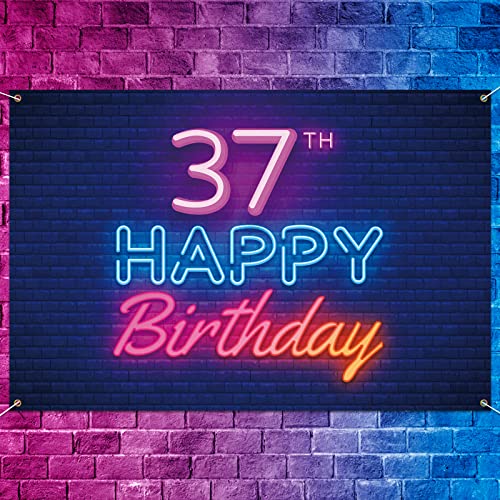 Glow Neon Happy 37th Birthday Backdrop Banner Decor Black – Colorful Glowing 37 Years Old Birthday Party Theme Decorations for Men Women Supplies