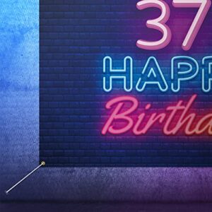 Glow Neon Happy 37th Birthday Backdrop Banner Decor Black – Colorful Glowing 37 Years Old Birthday Party Theme Decorations for Men Women Supplies