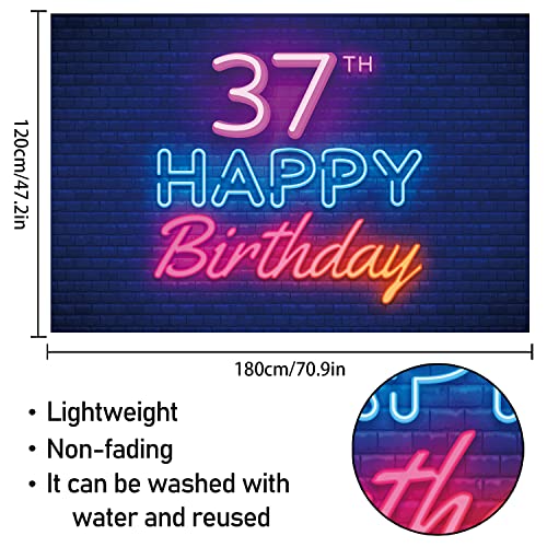 Glow Neon Happy 37th Birthday Backdrop Banner Decor Black – Colorful Glowing 37 Years Old Birthday Party Theme Decorations for Men Women Supplies