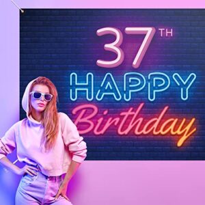 Glow Neon Happy 37th Birthday Backdrop Banner Decor Black – Colorful Glowing 37 Years Old Birthday Party Theme Decorations for Men Women Supplies