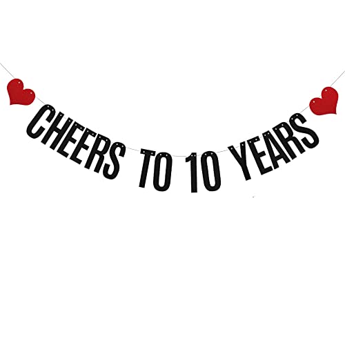 XIAOLUOLY Black Cheers to 10 Years Glitter Banner,Pre-Strung,10th Birthday/Wedding Anniversary Party Decorations Bunting Sign Backdrops,CHEERS TO 10 YEARS