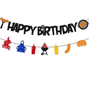 bbq happy birthday banner for barbecue picnic sauce grill sausage fork fire camping theme bday party supplies black glitter decorations