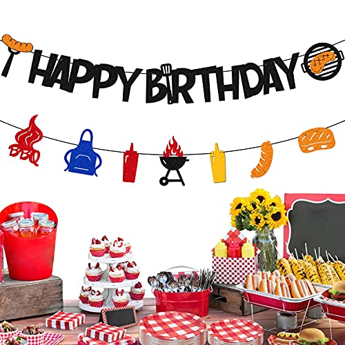 BBQ Happy Birthday Banner for Barbecue Picnic Sauce Grill Sausage Fork Fire Camping Theme Bday Party Supplies Black Glitter Decorations