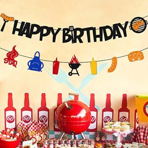 BBQ Happy Birthday Banner for Barbecue Picnic Sauce Grill Sausage Fork Fire Camping Theme Bday Party Supplies Black Glitter Decorations
