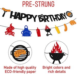 BBQ Happy Birthday Banner for Barbecue Picnic Sauce Grill Sausage Fork Fire Camping Theme Bday Party Supplies Black Glitter Decorations