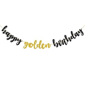 halodete happy golden birthday banner, happy 30th 40th 50th 60th birthday banner, happy birthday party decorations – black gold glitter