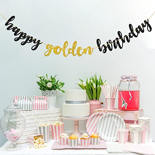 Halodete Happy Golden Birthday Banner, Happy 30th 40th 50th 60th Birthday Banner, Happy Birthday Party Decorations - Black Gold Glitter