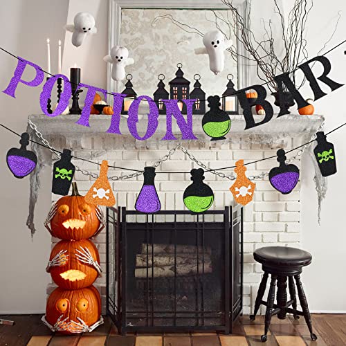 Potion Bar Banner with Potion Signs Halloween Hocus Pocus Witches Garland Banner Halloween Haunted Mansion Party Decorations for Halloween Bar Mantle Fireplace Wall Party Supplies