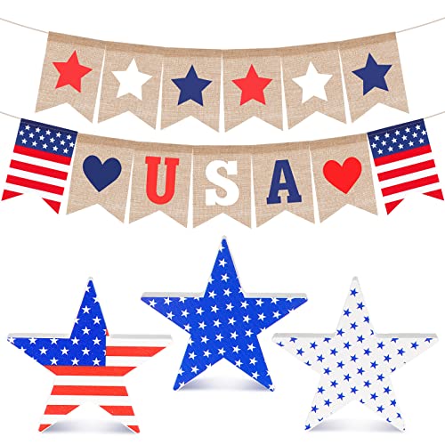 2 Pcs 4th of July Banner Burlap Patriotic Garland and 3 Pcs Independence Day Wooden Stars Rustic Signs USA Freestanding National Day Decor Red White Blue Bunting Garland for Table Decorations