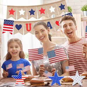 2 Pcs 4th of July Banner Burlap Patriotic Garland and 3 Pcs Independence Day Wooden Stars Rustic Signs USA Freestanding National Day Decor Red White Blue Bunting Garland for Table Decorations