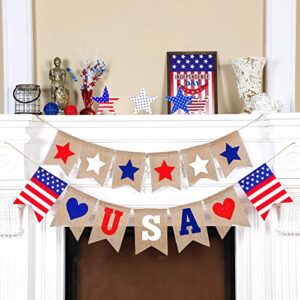 2 Pcs 4th of July Banner Burlap Patriotic Garland and 3 Pcs Independence Day Wooden Stars Rustic Signs USA Freestanding National Day Decor Red White Blue Bunting Garland for Table Decorations