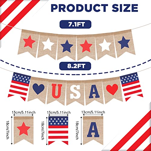 2 Pcs 4th of July Banner Burlap Patriotic Garland and 3 Pcs Independence Day Wooden Stars Rustic Signs USA Freestanding National Day Decor Red White Blue Bunting Garland for Table Decorations