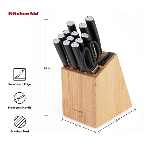 KitchenAid Classic 15 Piece Knife Block Set with Built in Knife Sharpener, High Carbon Japanese Stainless Steel Kitchen Knives, Sharp Kitchen Knife Set with Block, Rubberwood