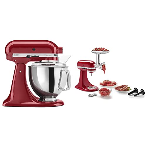 KitchenAid KSM150PSER Artisan Tilt-Head Stand Mixer with Pouring Shield, 5-Quart, Empire Red & KSMMGA Metal Food Grinder Attachment, Silver