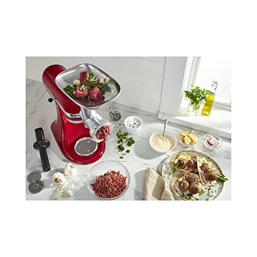 KitchenAid KSM150PSER Artisan Tilt-Head Stand Mixer with Pouring Shield, 5-Quart, Empire Red & KSMMGA Metal Food Grinder Attachment, Silver