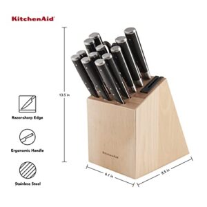 KitchenAid Gourmet 14 Piece Forged Triple Rivet Knife Block Set with Built in Knife Sharpener, High Carbon Japanese Stainless Steel Kitchen Knives, Sharp Kitchen Knife Set with Block, Birchwood