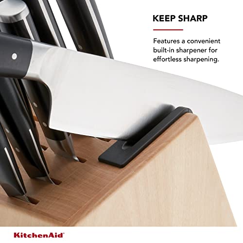 KitchenAid Gourmet 14 Piece Forged Triple Rivet Knife Block Set with Built in Knife Sharpener, High Carbon Japanese Stainless Steel Kitchen Knives, Sharp Kitchen Knife Set with Block, Birchwood