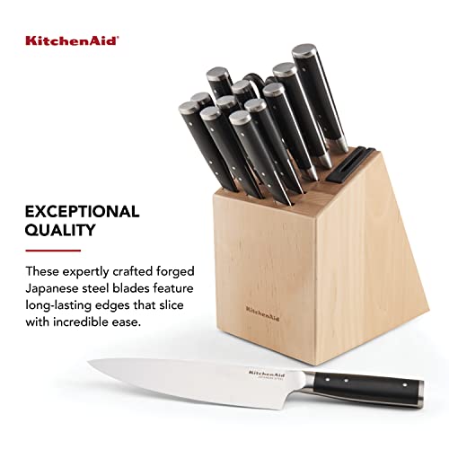 KitchenAid Gourmet 14 Piece Forged Triple Rivet Knife Block Set with Built in Knife Sharpener, High Carbon Japanese Stainless Steel Kitchen Knives, Sharp Kitchen Knife Set with Block, Birchwood