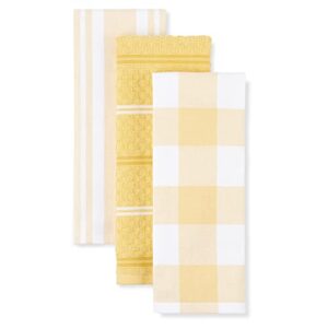kitchenaid stripe gingham dual kitchen towel 3-pack set, majestic yellow, 16″x28″