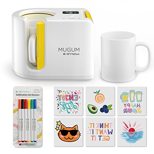 OFFNOVA Mug Heat Press, 11-14oz Sublimation Tumbler Heat Press Machine with LCD, Including 1X Blank Mug, 6X HTV Ink Markers and Pens (MUGUM)