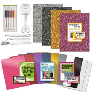 Cricut Vinyl, Glitter Iron On Tools & Pens Beginner Bundle - Use with Explore Maker Machine (not Included) Sheets for Decals, Removable Stickers, Bling T-Shirts, Cards, Totes with Guide for Projects