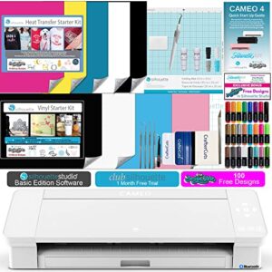 silhouette cameo 4 white bundle with vinyl starter kit, heat transfer starter kit, 2 autoblade 2, 24 pack of pens, cc vinyl tool kit, 130 designs, and access to ebooks, tutorials, & classes