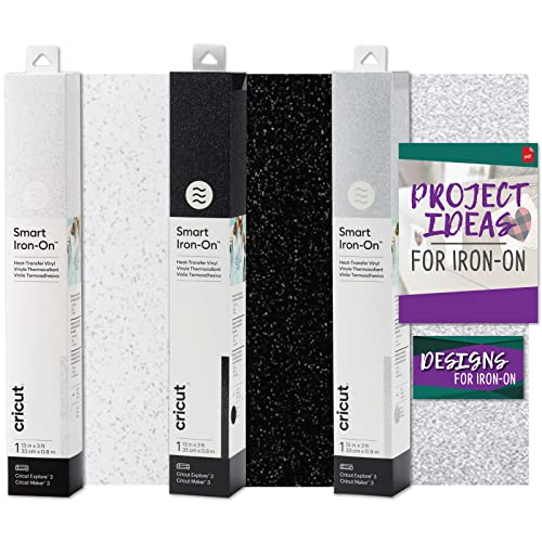 Cricut Smart Iron-On Glitter Star Bundle | 13in x 3ft Black, Silver, White HTV for Cricut Cutting Machines Heat Transfer Vinyl Bundle