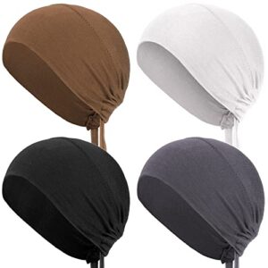 4 pieces women hijab caps underscarf turban caps skull caps soft beanie sleep hats for long hair men women (black, white, grey, brown)